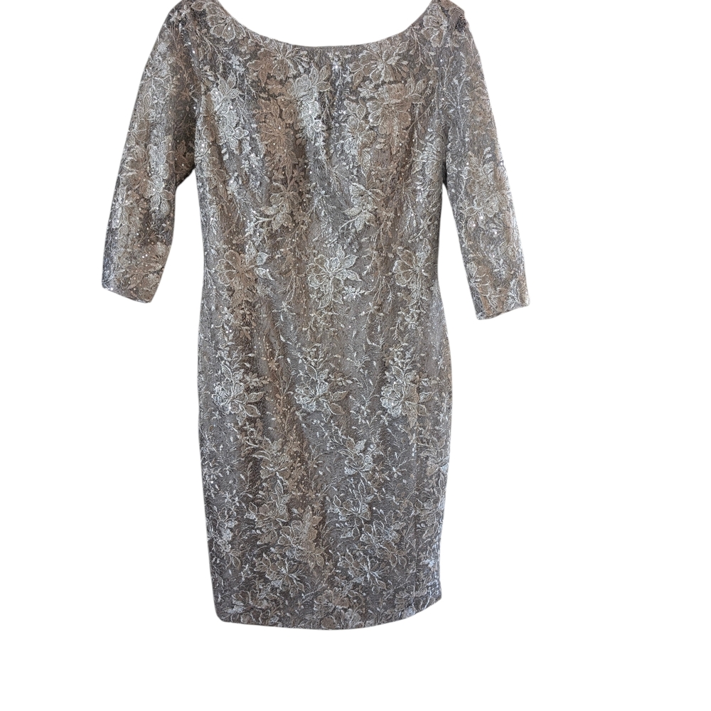 La Femme 30097 Silver Lace Three Quarter Length Sleeve  Midi Evening Dress.